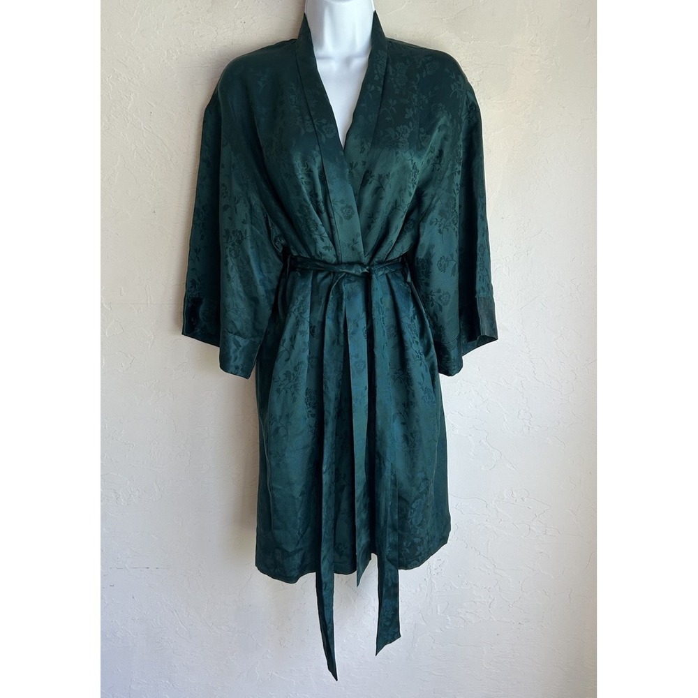 Vintage August Silk 100% Silk Kimono Robe M Dark Green Floral Jacquard Satin
